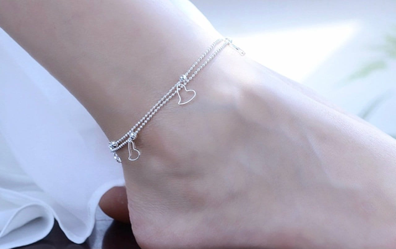 925 Sterling Silver Heart Pendant Anklets Women Jewelry Double Layer Small Bead Star Charm Beach Foot Chain Bracelet