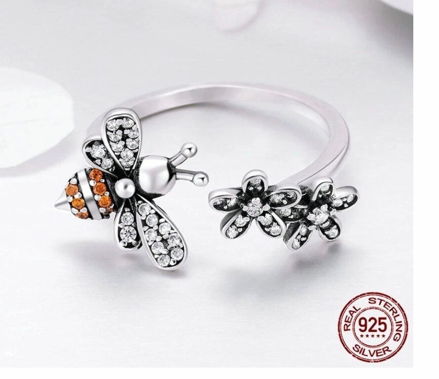 100% 925 Sterling Silver Trendy Bee & Daisy Flower Finger Rings for Women Adjustable Size Valentine Gift For Her