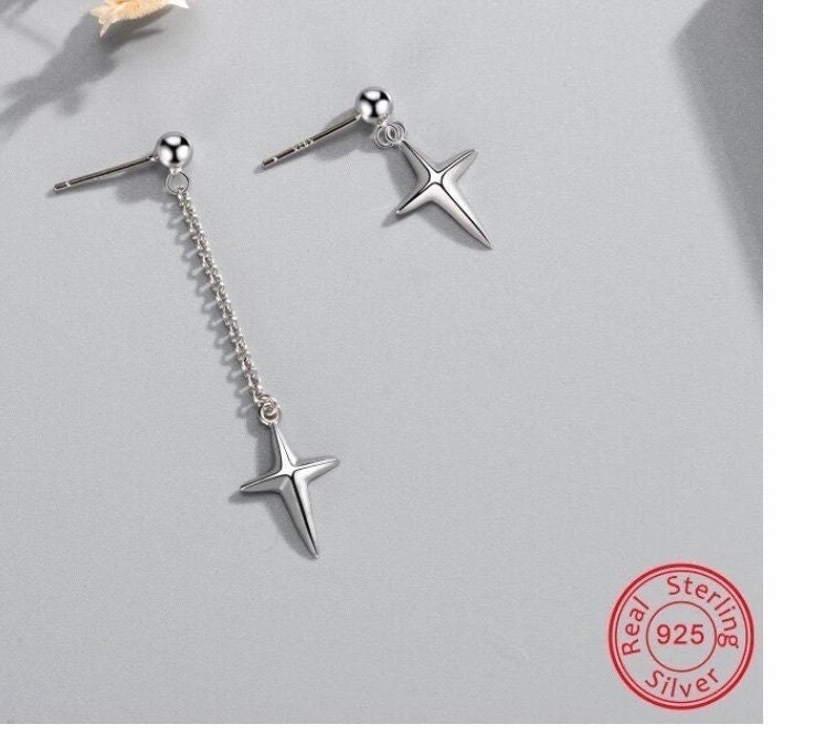Asymmetric Cross Drop Earring For Men Women 925 Sterling Silver Chain Dangle Earring Long Chain Hang Earring Silver Jewelry Gift