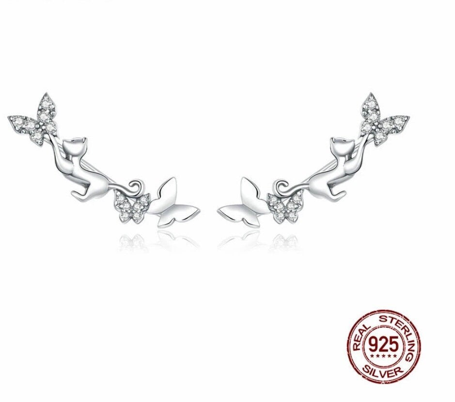 925 Sterling Silver Cat & Butterflies Stud Earrings for Women Statement Fine Jewelry