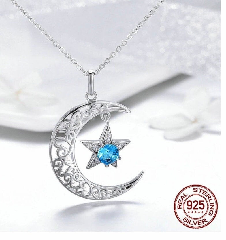 925 Sterling Silver Sparkling Moon And Star Necklaces Pendants for Women Fashion Necklace Jewelry Gift