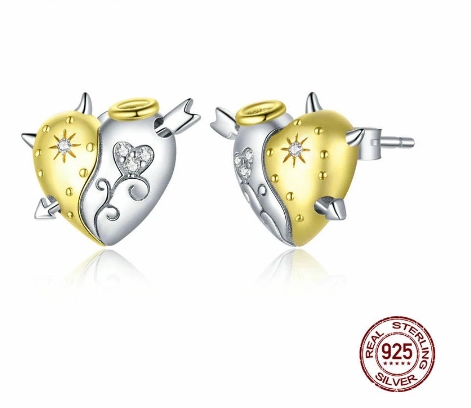 925 Sterling Silver Angel and Demon Ear Studs Stud Earrings for Women Animal Fashion Jewelry