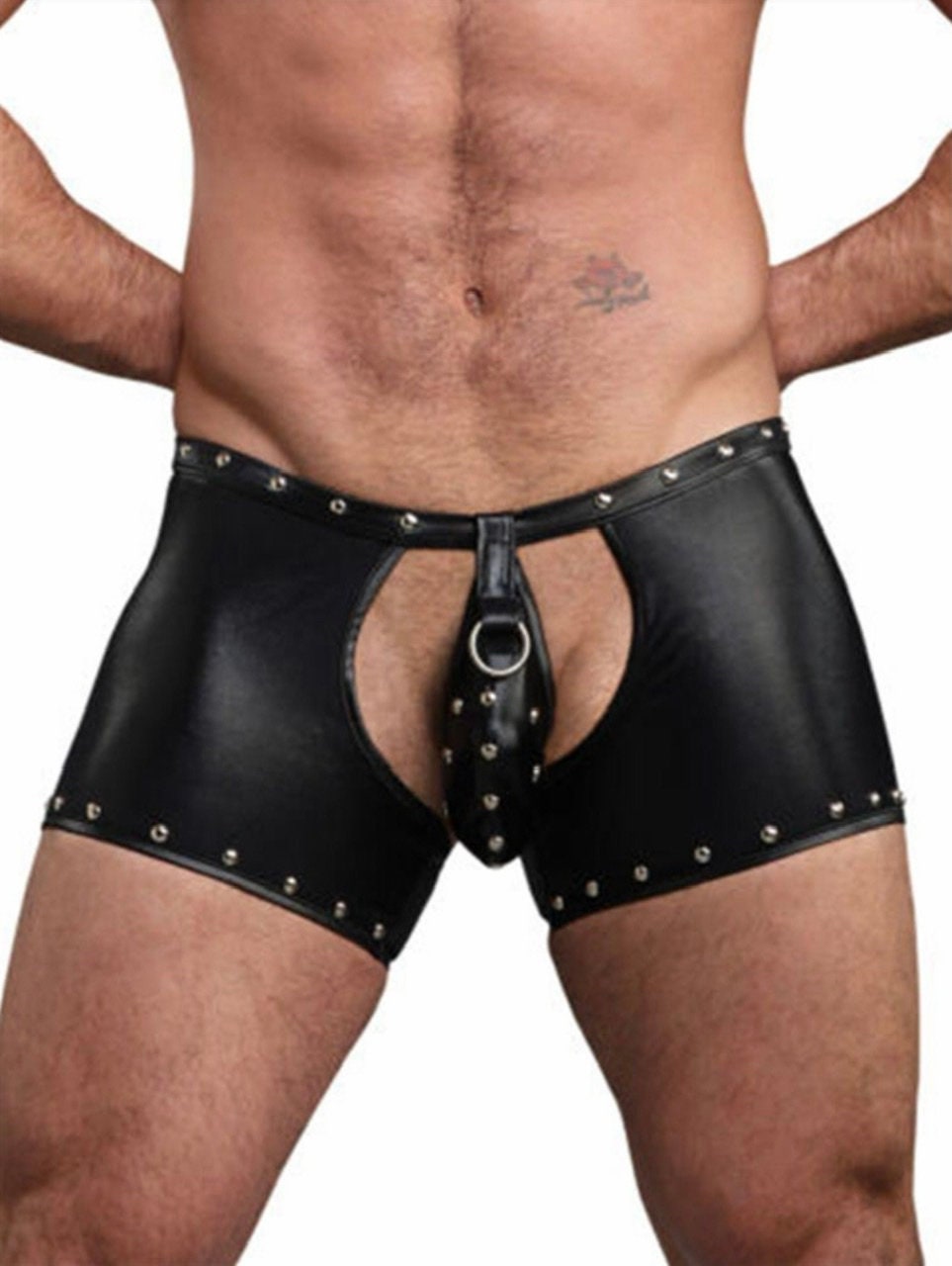 NEW ARRIVAL Rivet Lingerie Shorts Exotic Pants Latex Bondage Open Butt Penis Pouch Jockstrap Trunk Gothic Fetish Gay PU Leather Clubwear - NansUniqueShop4Men