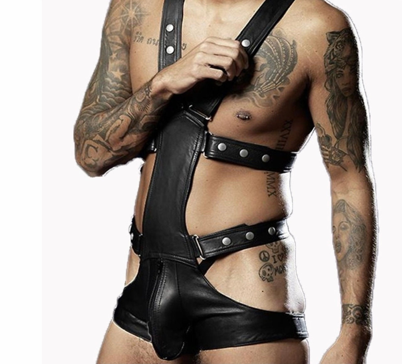 Men Faux Leather Bodysuit Exotic Fetish Bondage Restraint Lingerie Black Fantasy Gay Jumpsuit Teddy Vinyl Sex Underwear - NansUniqueShop4Men